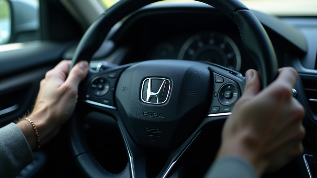 Honda Accord vairo žiedas iš arti, rankenos tekstūra ir mygtukai aiškiai matomi