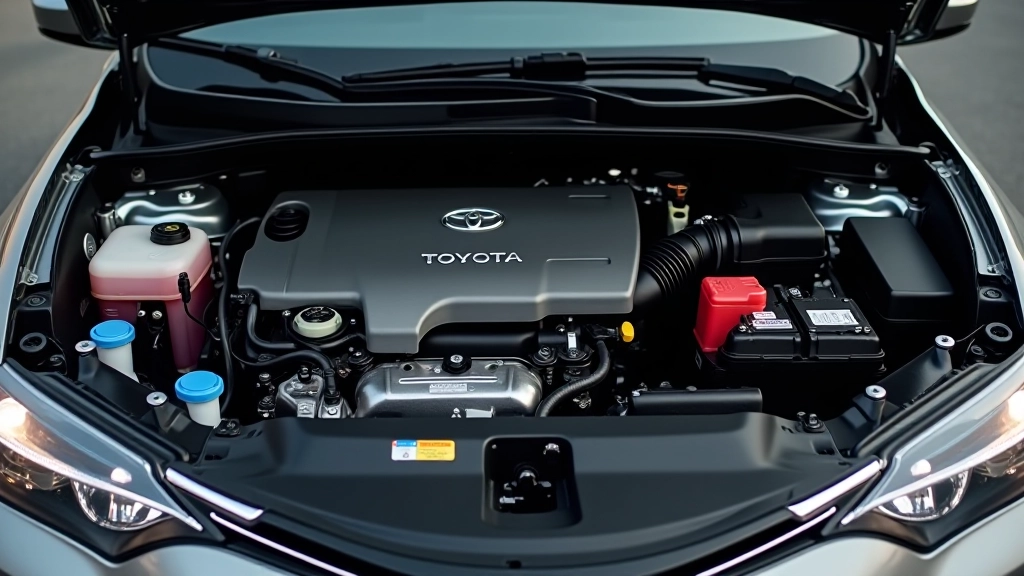 Toyota Corolla variklių skyrius, šviesus, tvarus variklis, jų metalinės dalys žvylgančios