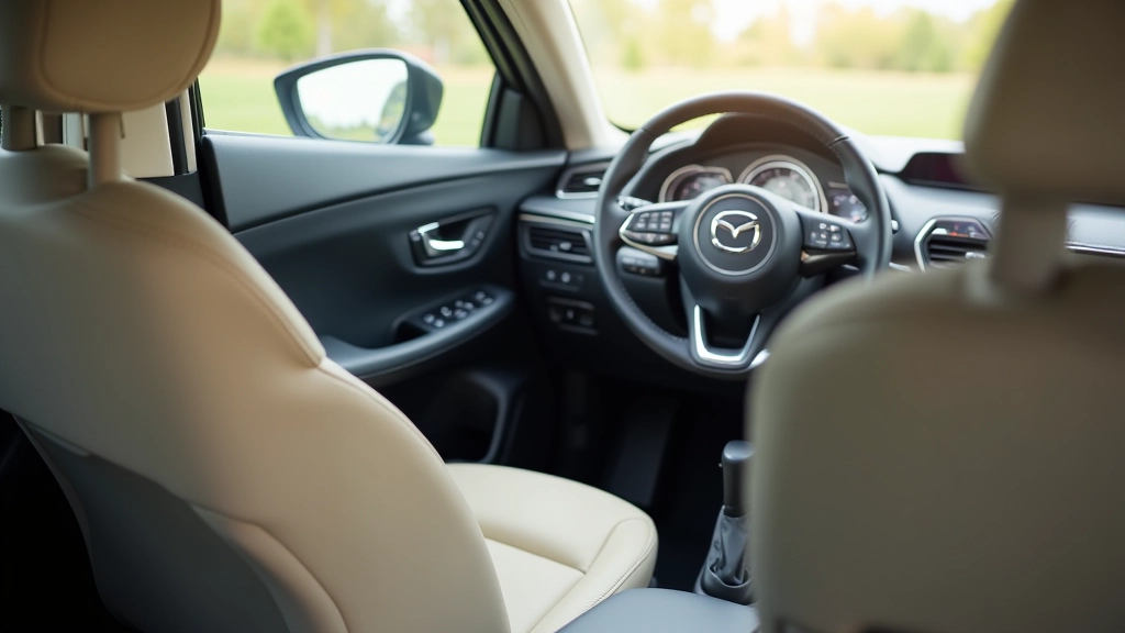 Mazda6 interjeras, sėdynės ir vairo ratas, profesionali nuotrauka, šviesus interjeras, atvira salonas