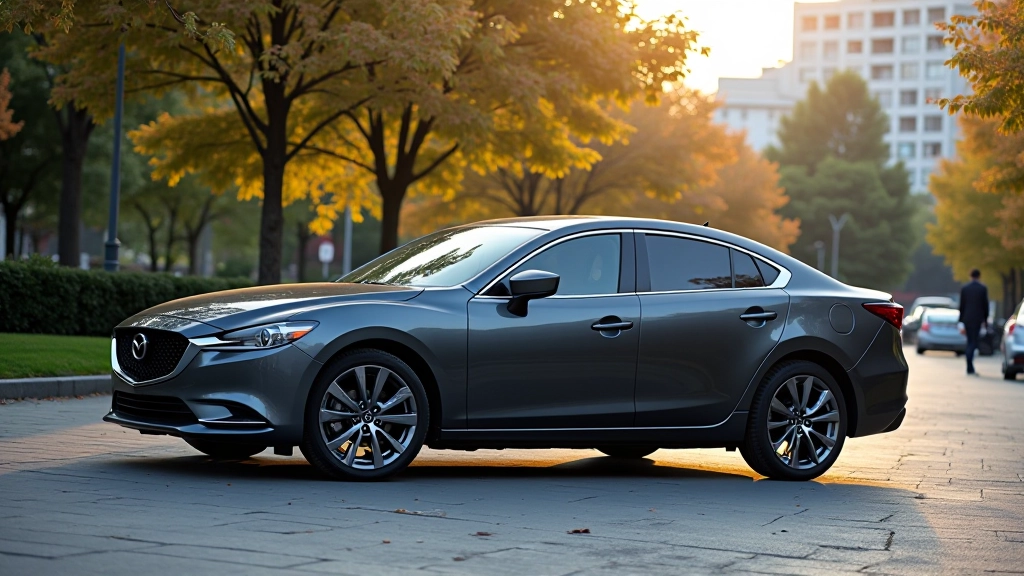 Mazda6 šoninis vaizdas, dideli langai, aikštėje, saulės šviesa atsispindi nuo stiklo, šviesa diena
