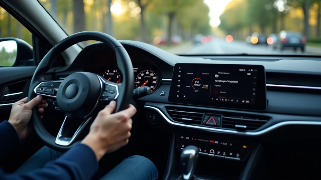 Šiuolaikinė automobilio prietaisų skydė, skaitmeniniai ekranai, intuityvūs valdikliai, mėlyna apšvietimas