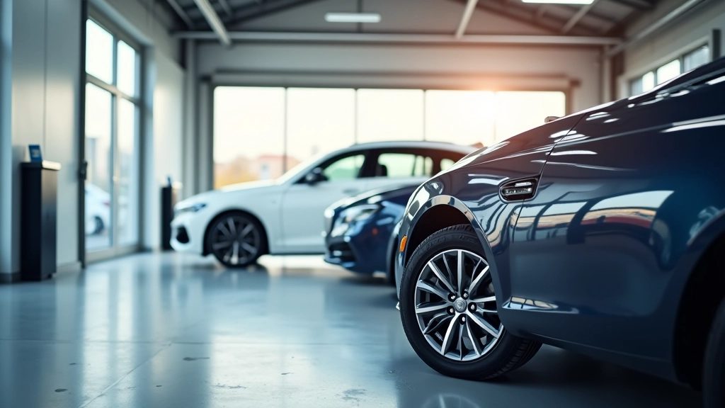 Modernūs automobiliai šešėlyje garaže, žydra ir sidabrinė spalvos, ryški dienos šviesa iš atidarų durų