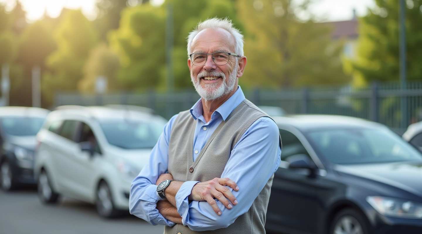 Pensinio amžiaus vyras šalia patogaus sedano automobilio