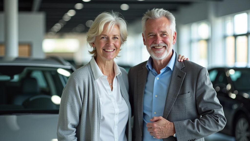 Seniora ir jos sūnus bando automobilį salėje, žiūrėdami į didelius langus ir šviežią interjerą