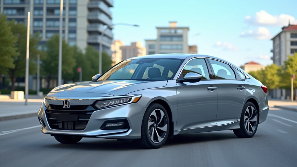 Šviesi sidabrinė Honda Accord, nuotrauka iš šono, miesto gatvėje, gražus žydras dangus