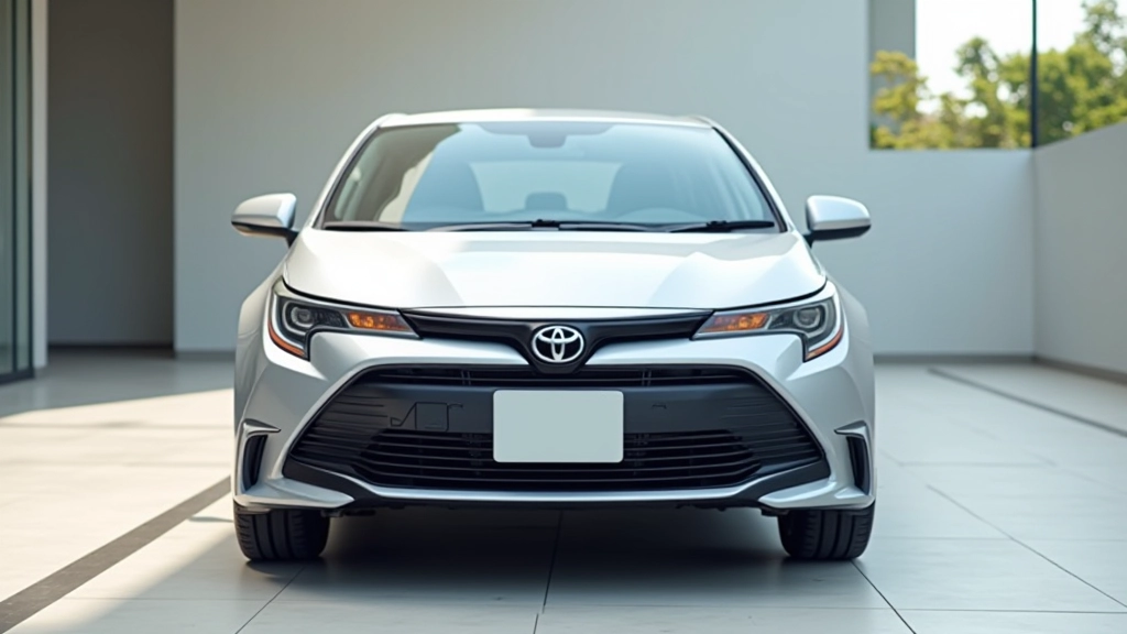 Šviežias sidabrinis Toyota Corolla sedanas, priekinis kampas, šviesi saulė, parduotuvės fonas