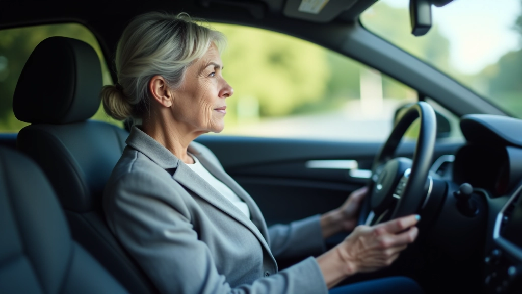 Moters sėdimas automobilio salonėje tikrinant valdymą